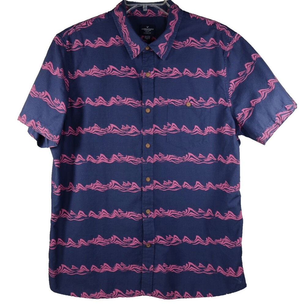 American Eagle Short Sleeve Button Up Hawaiian Shirt Men's XXL Navy Pink Waves